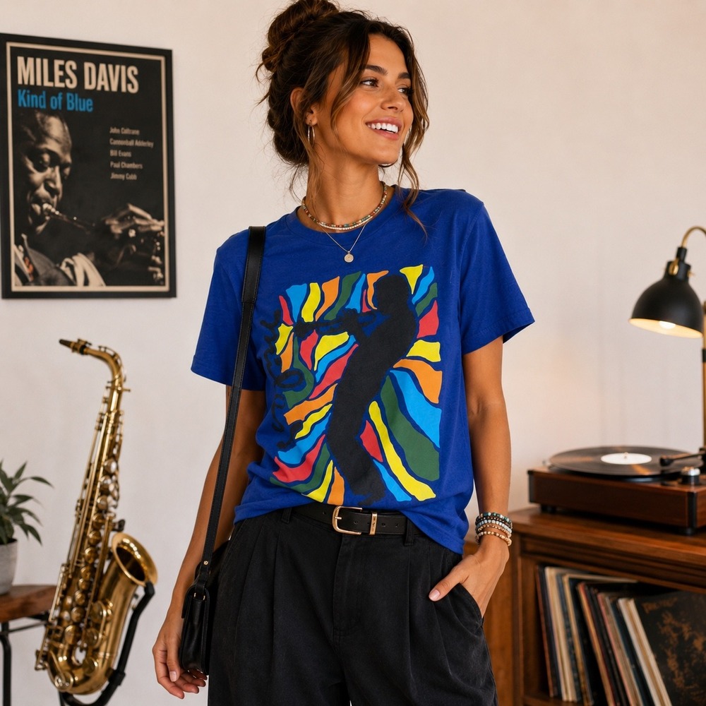 Miles Davis Jazz Graphic Tee Blue Retro Swirl Art Sonoma S, festival music